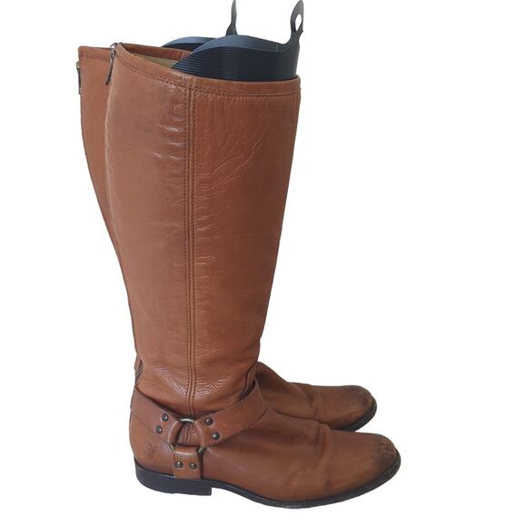 Frye Phillip Harness Boots Womens 9.5B Studded Buckle Brown Cognac Riding Tall